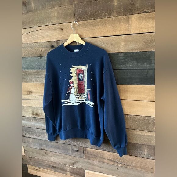 Vintage 90s Jerzees Navy Snowman Winter Scene Crewneck Sweatshirt - Picture 6 of 6